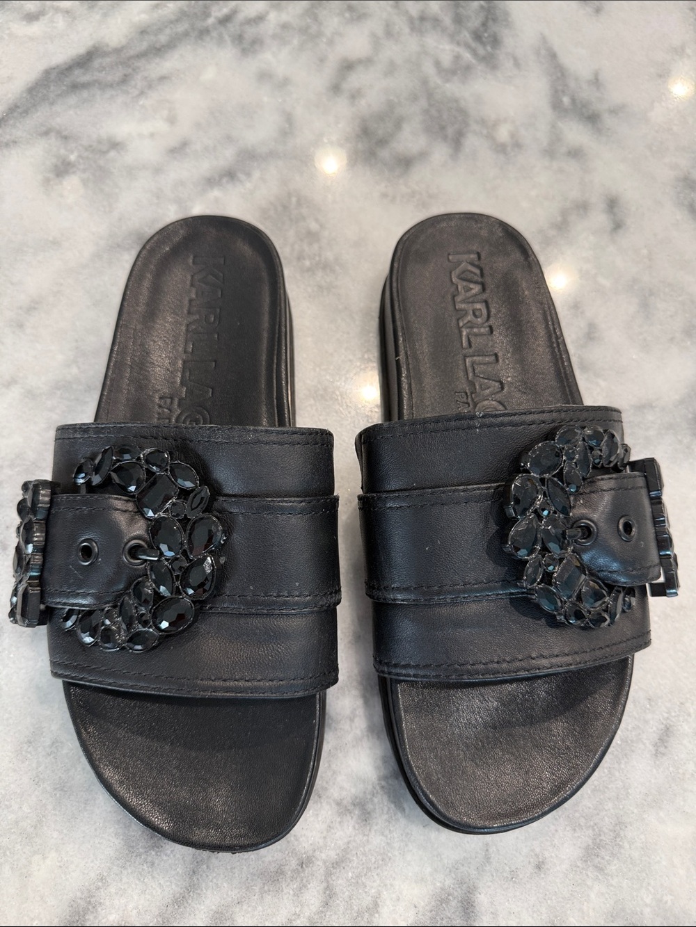 Karl Lagerfeld Black Jeweled Slide Sandals